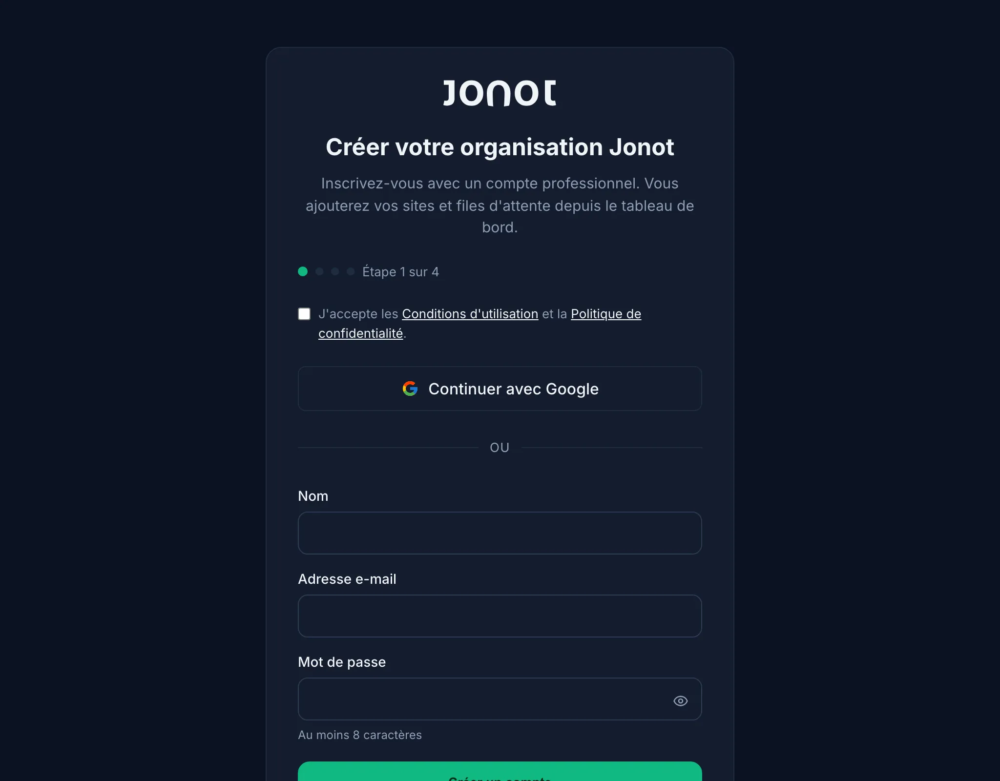 Assistant d'inscription Jonot — étape des informations sur l'organisation