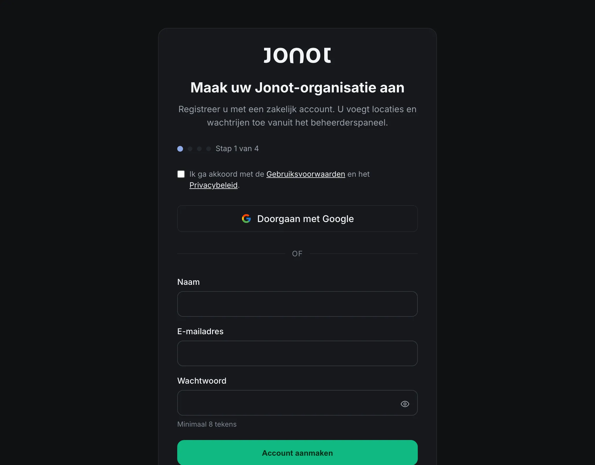 Aanmeldwizard van Jonot — stap voor organisatiegegevens