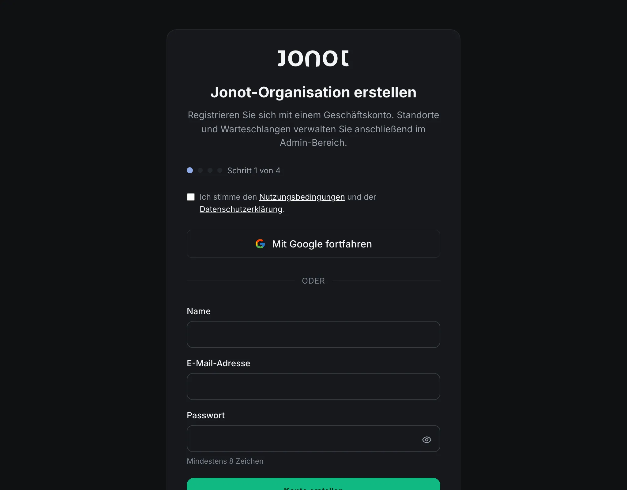 Jonot-Registrierungsassistent — Schritt für Organisationsdetails