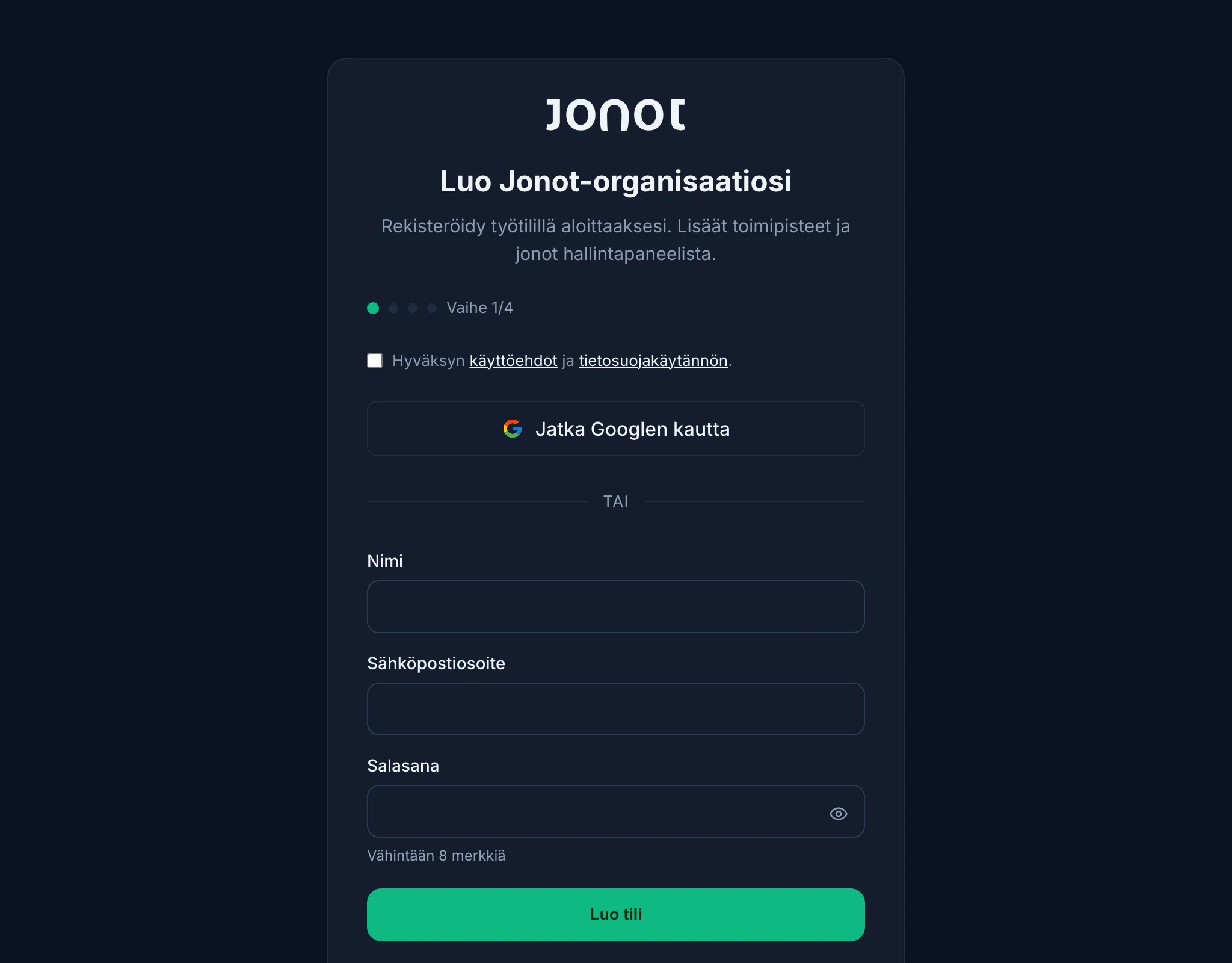 Jonotin rekisteröitymisohjattu toiminto — organisaation tietojen vaihe