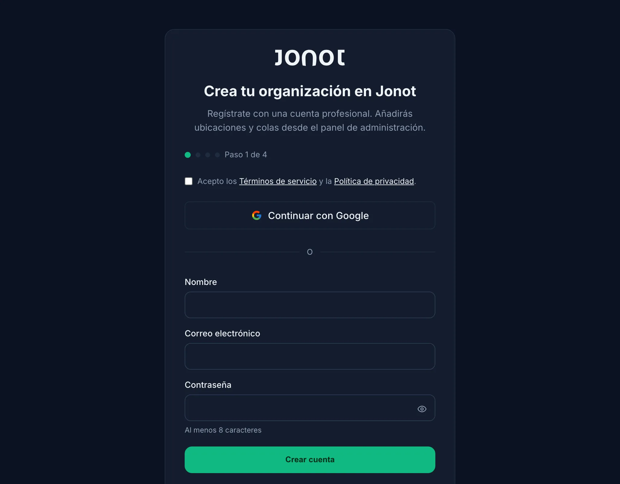Asistente de registro de Jonot — paso de datos de la organización