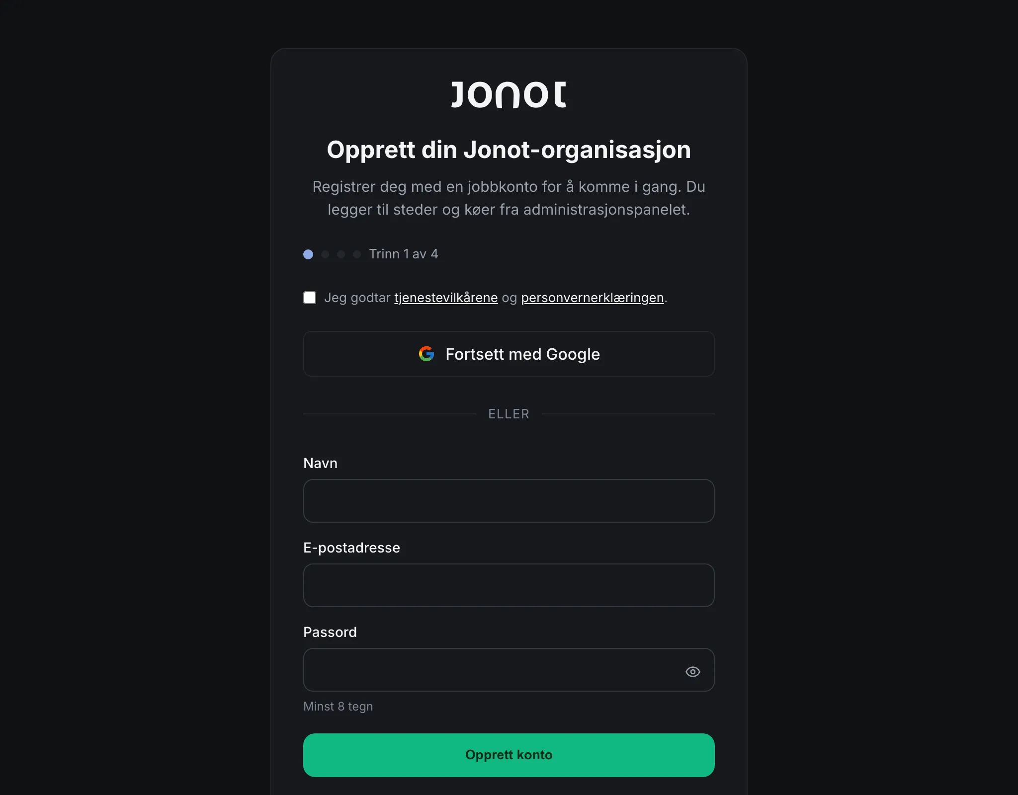 Jonot-registreringsveiviser — trinnet for organisasjonsdetaljer