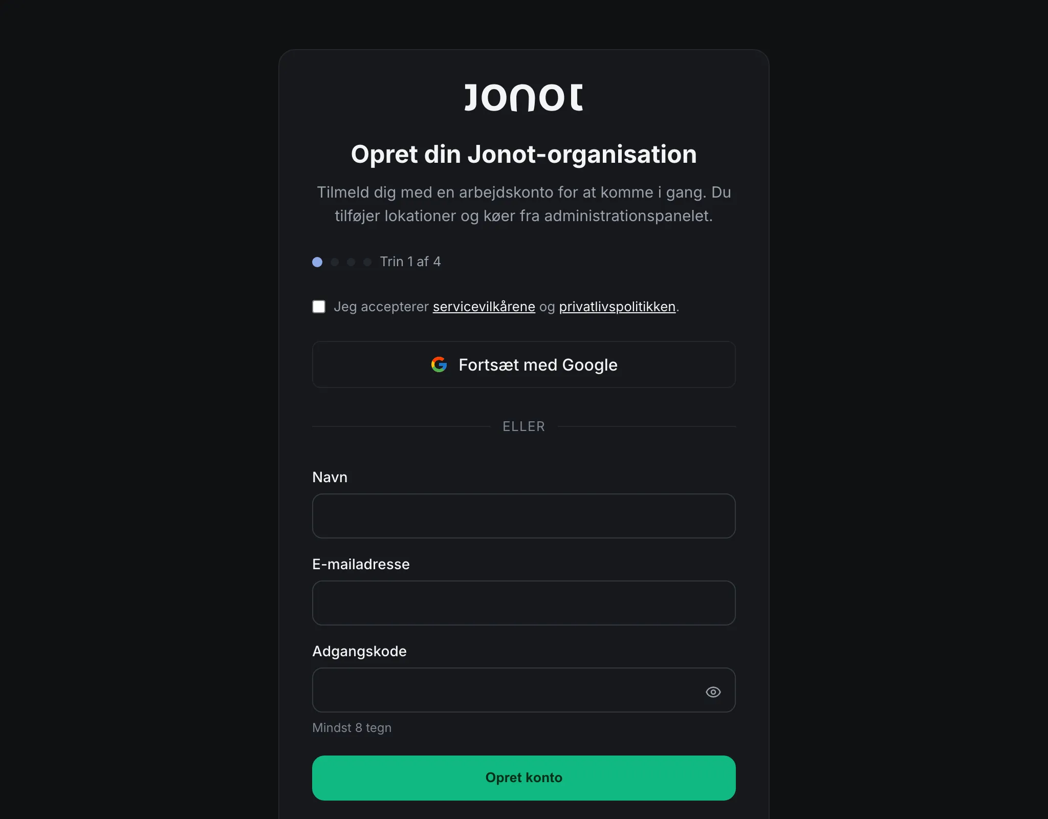 Jonots registreringsguide — trinnet til organisationsdetaljer