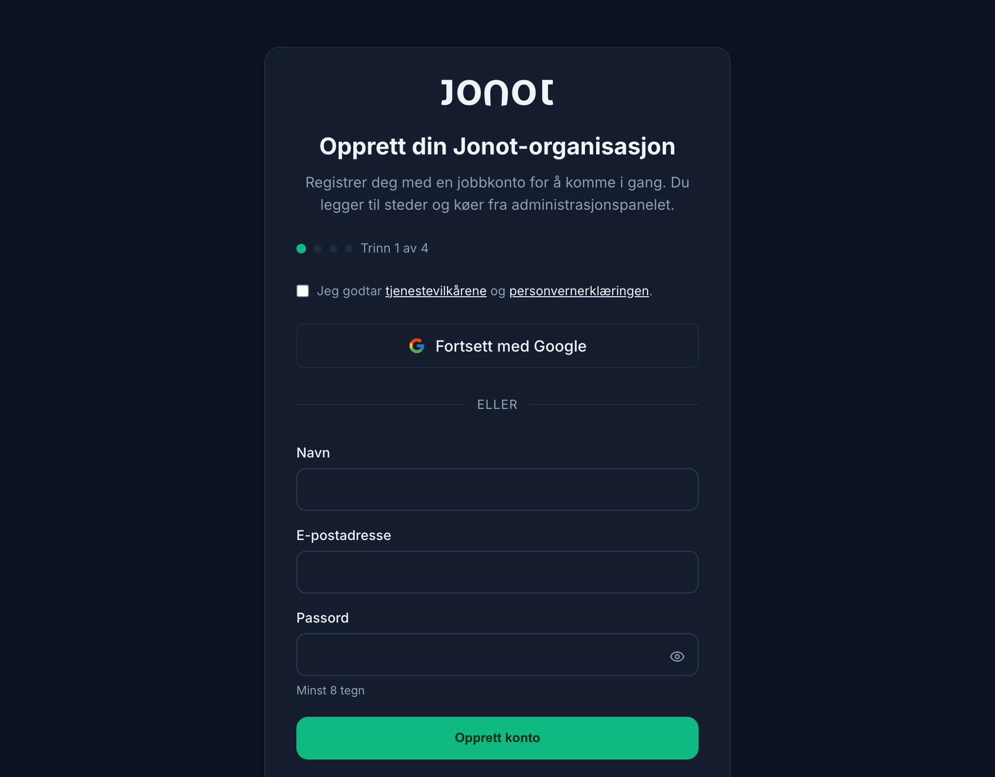 Jonot-registreringsveiviser — trinnet for organisasjonsdetaljer