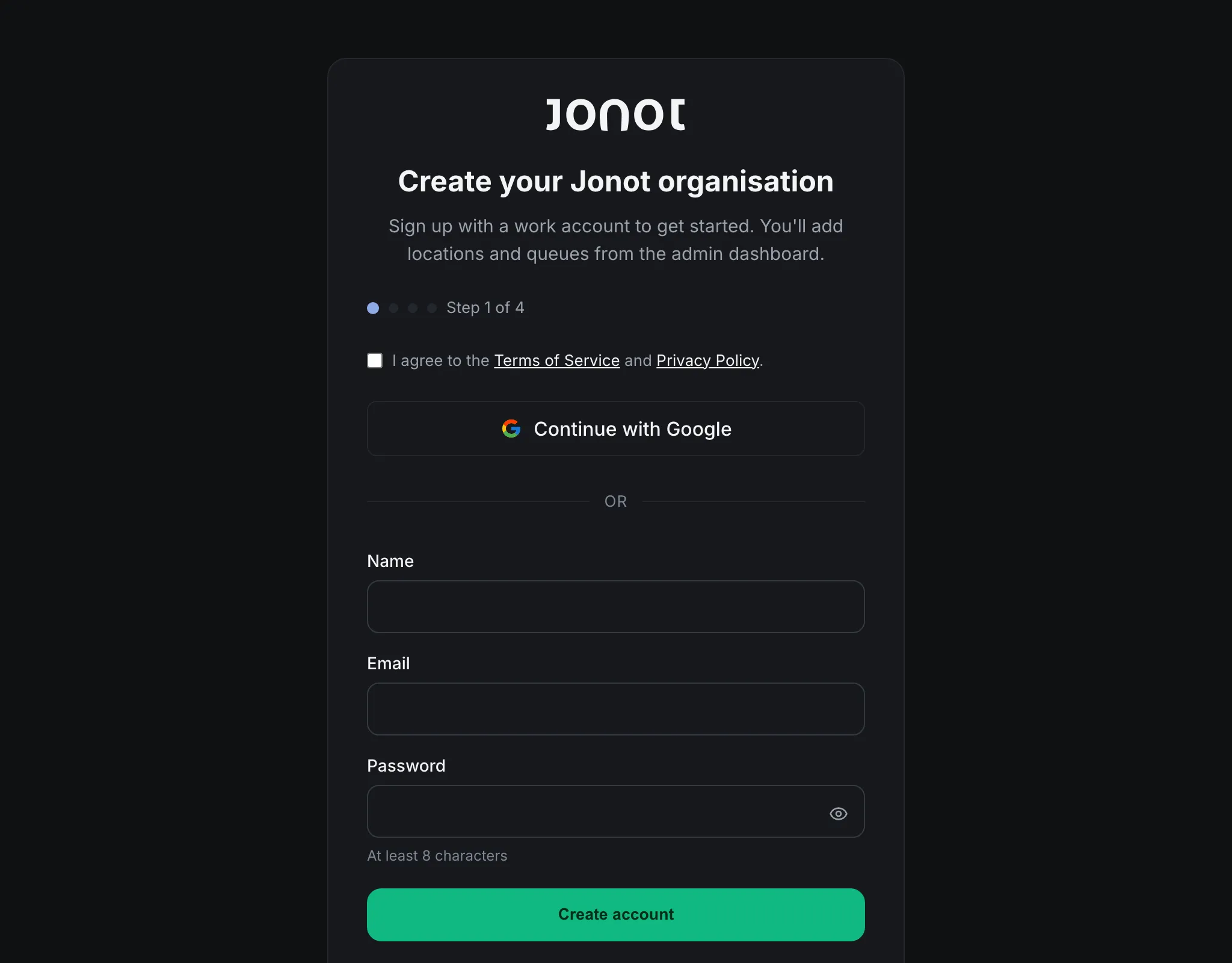 Jonot signup wizard — organisation details step