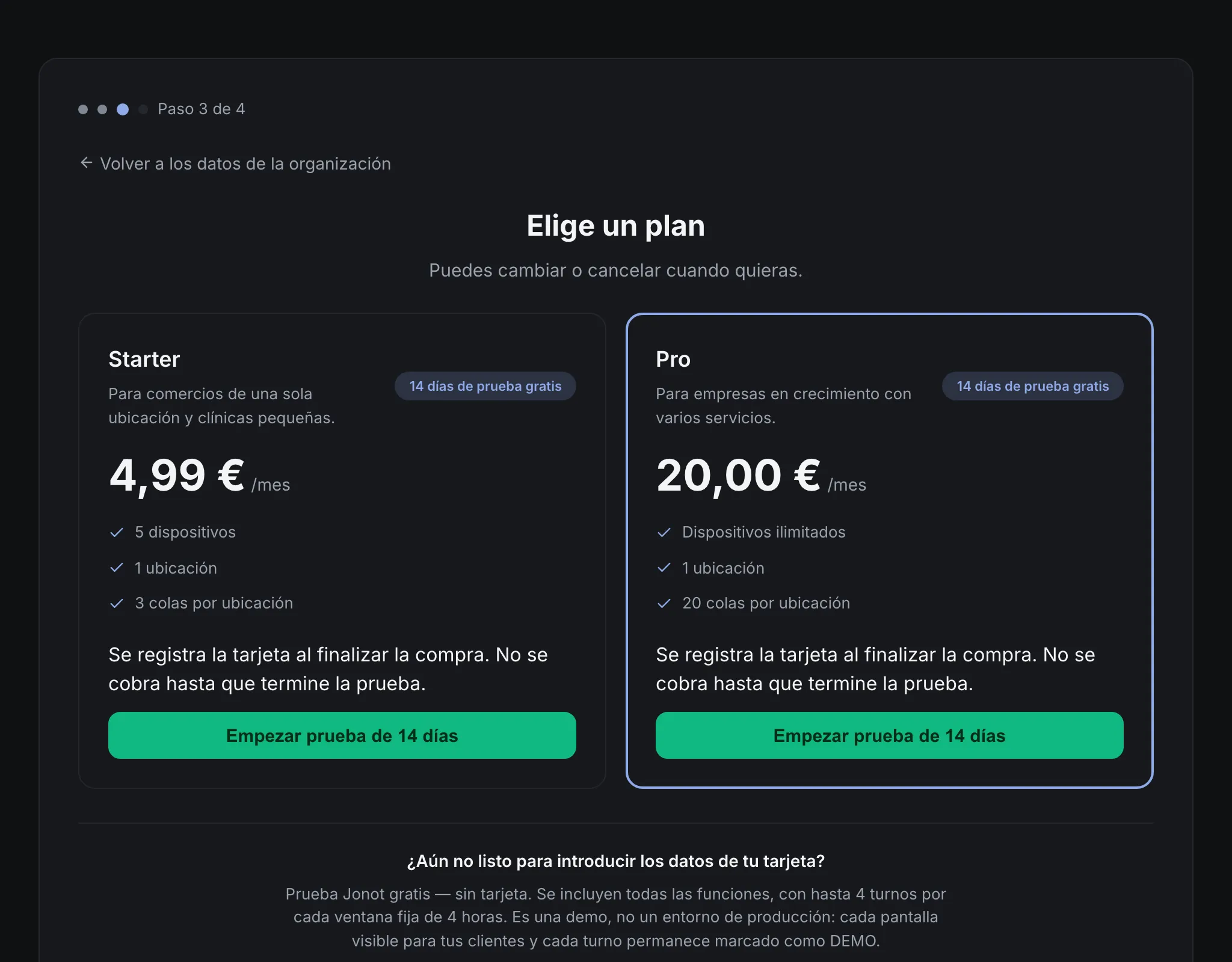 Asistente de registro de Jonot — paso de selección de plan