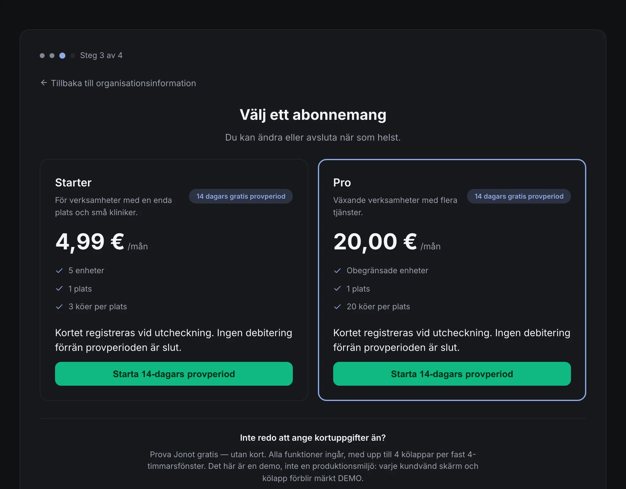 Jonots registreringsguide — steget för att välja plan
