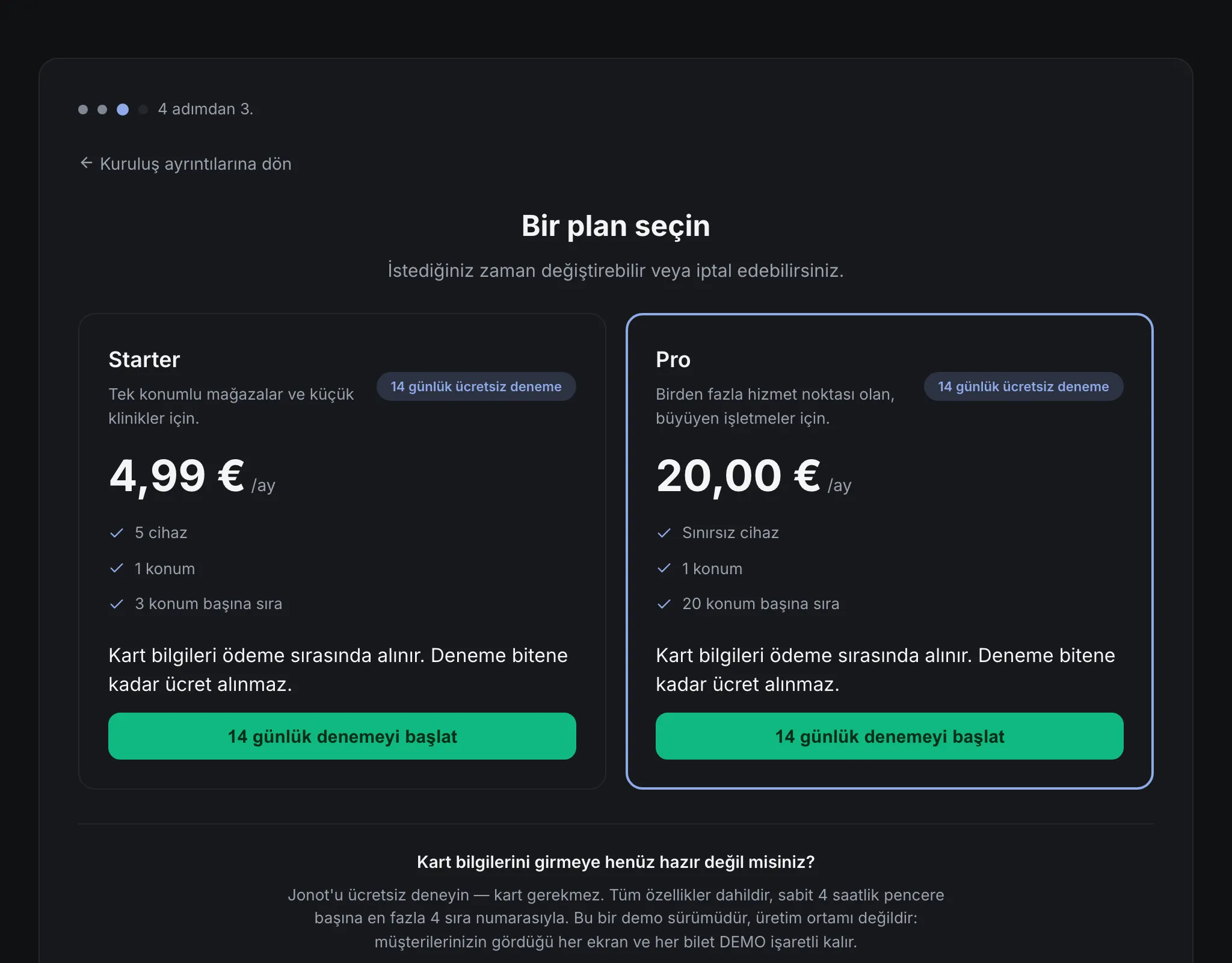 Jonot kayıt sihirbazı — plan seçimi adımı