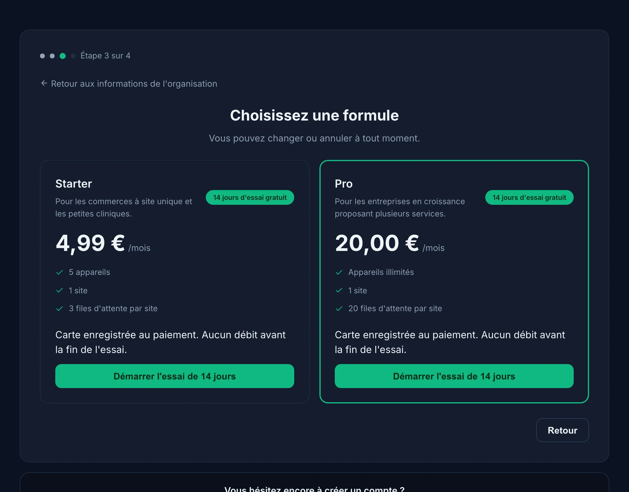 Assistant d'inscription Jonot — étape de sélection de la formule