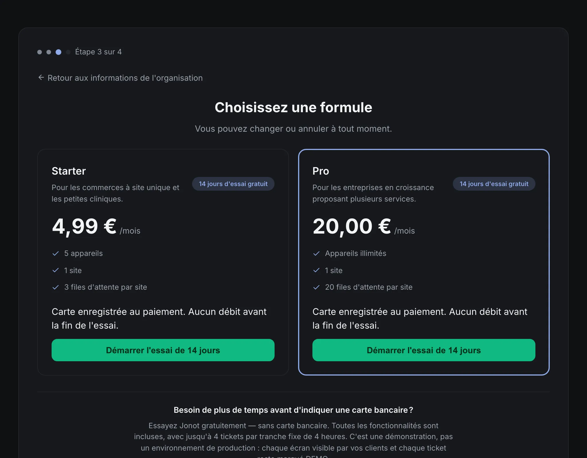 Assistant d'inscription Jonot — étape de sélection de la formule