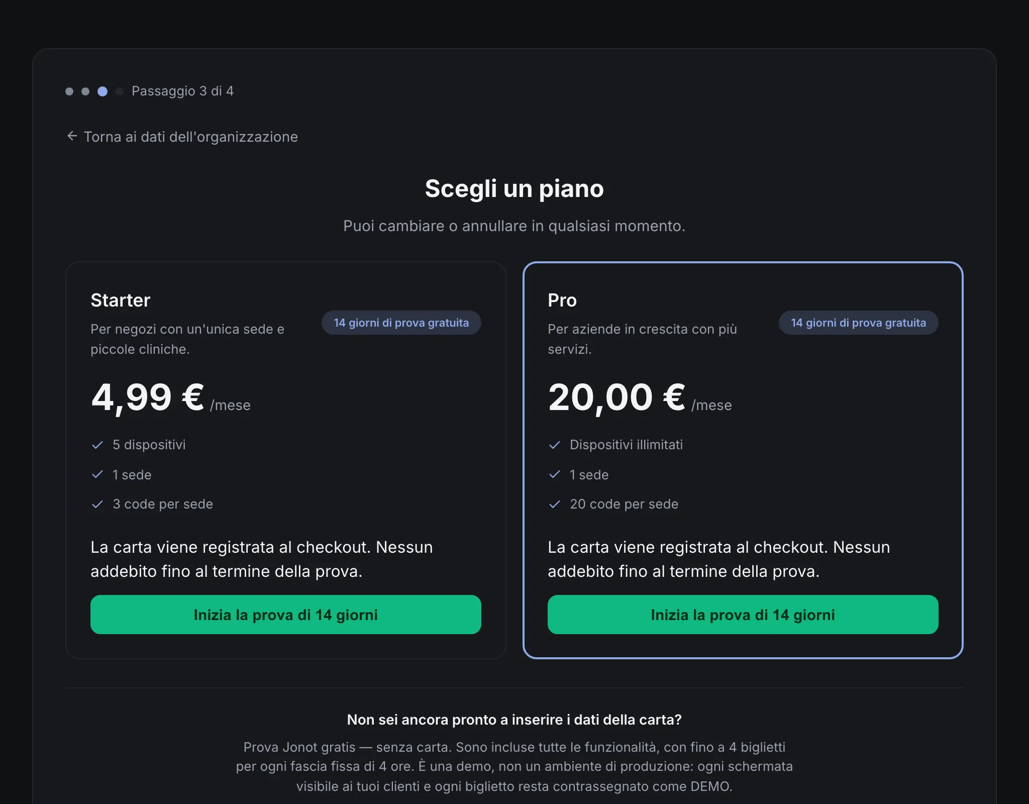 Procedura guidata di registrazione Jonot — passaggio di scelta del piano