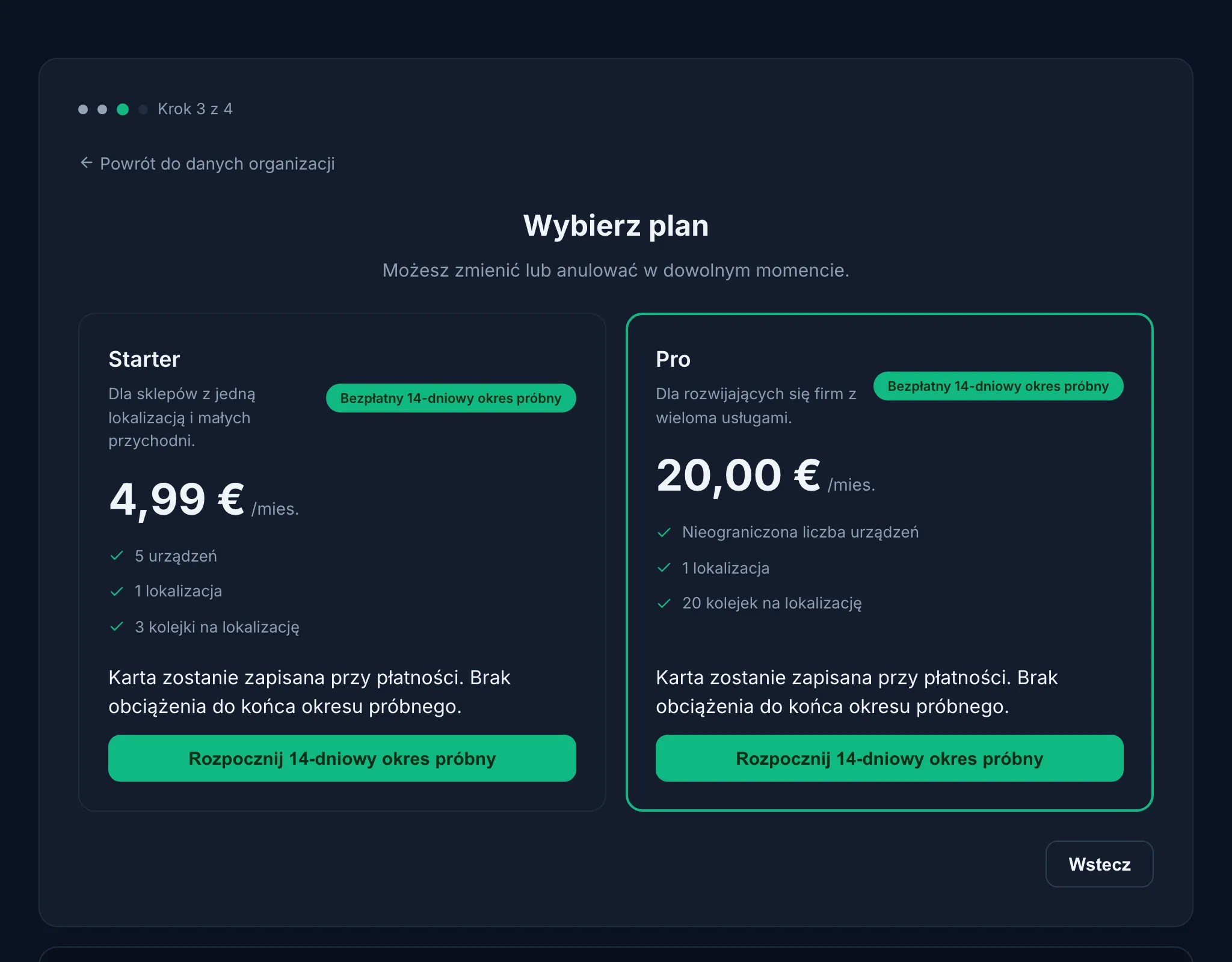 Kreator rejestracji Jonot — krok wyboru planu