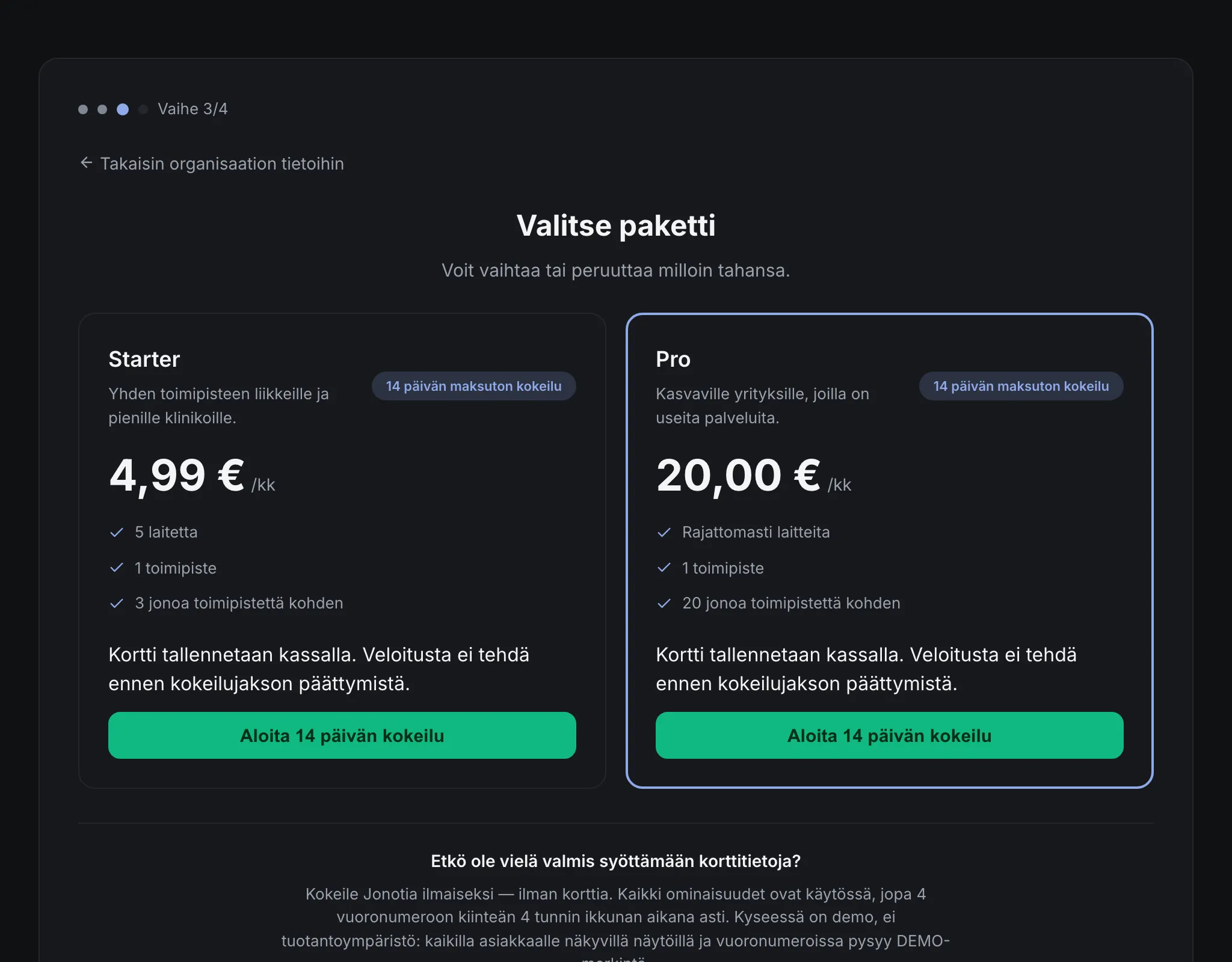 Jonotin ohjattu rekisteröityminen — paketin valintavaihe
