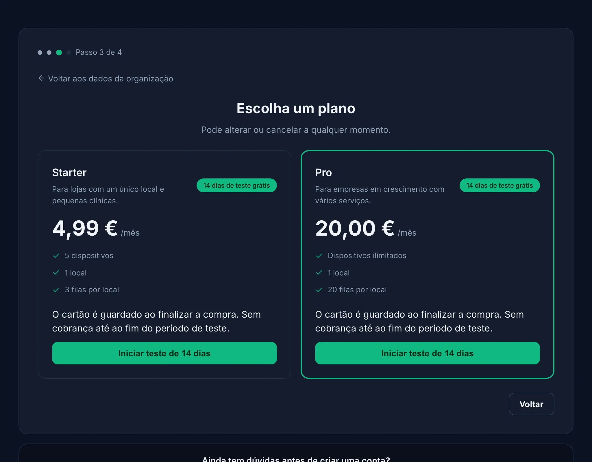 Assistente de registo do Jonot — passo de escolha do plano