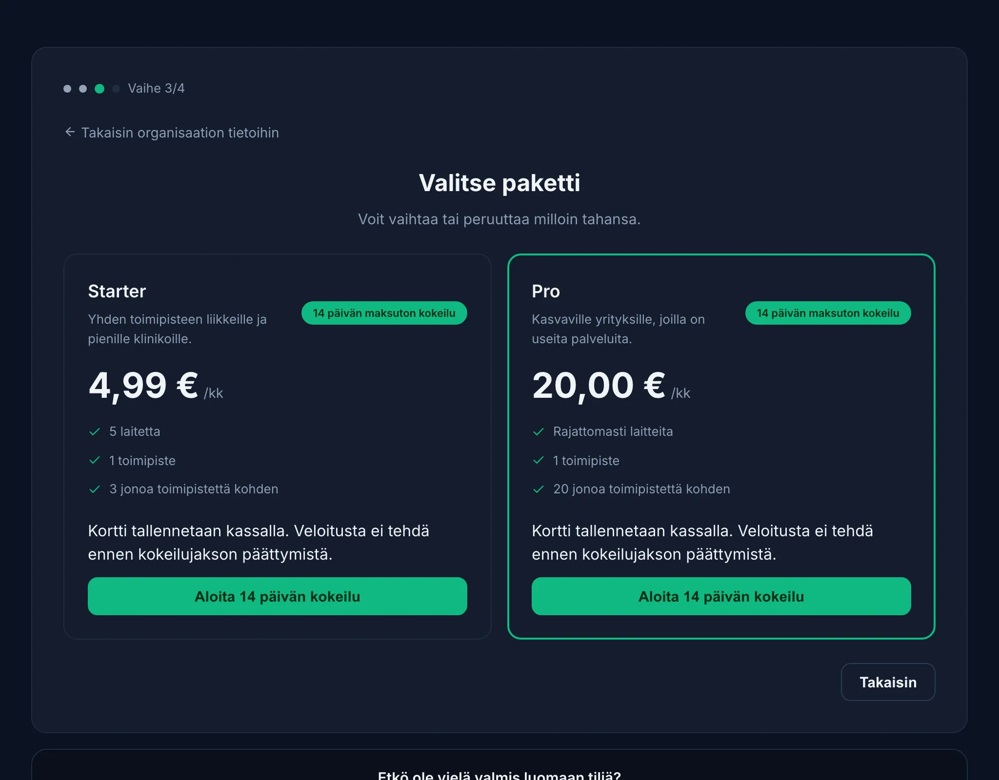 Jonotin rekisteröitymisohjattu toiminto — paketin valintavaihe