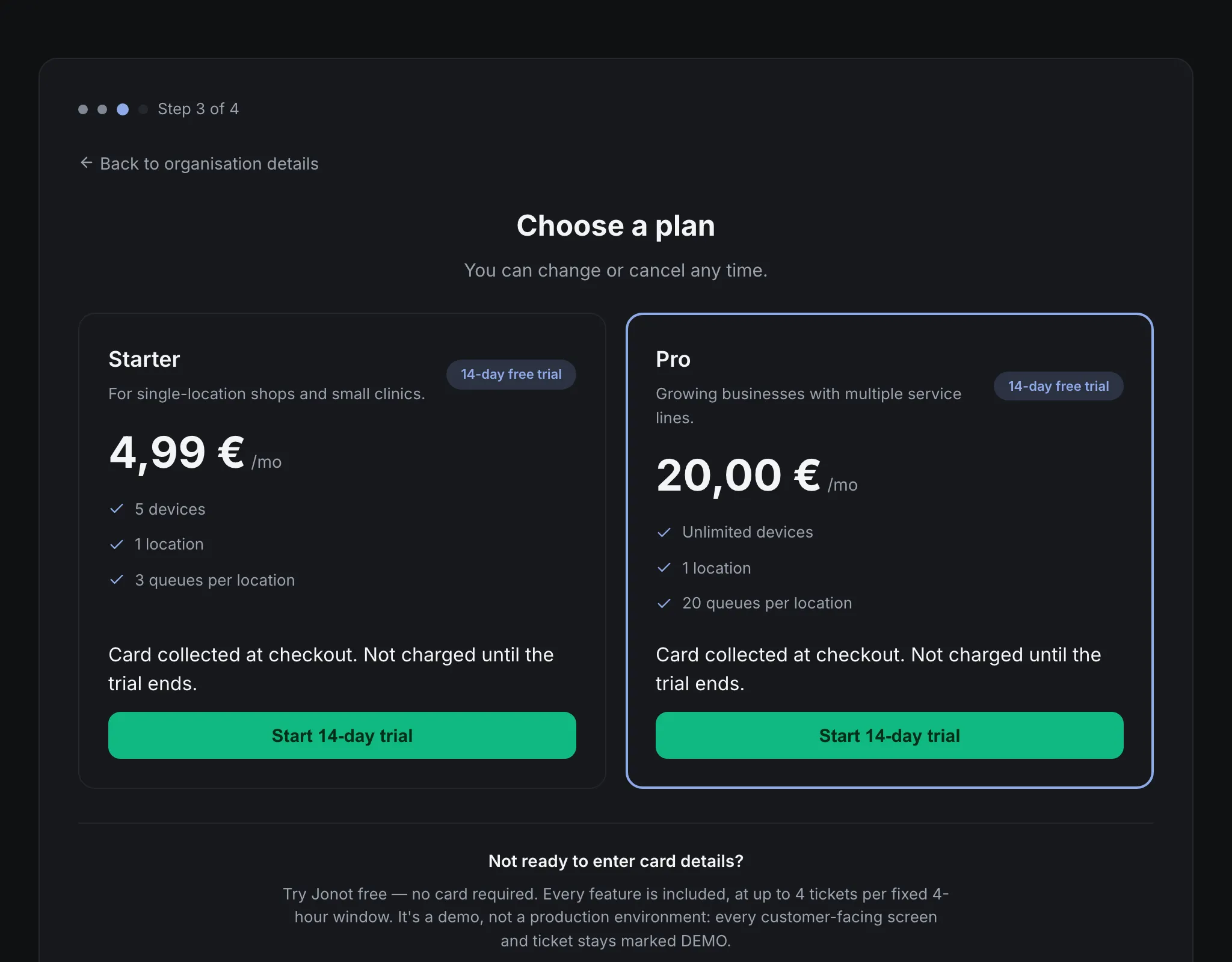 Jonot signup wizard — plan selection step