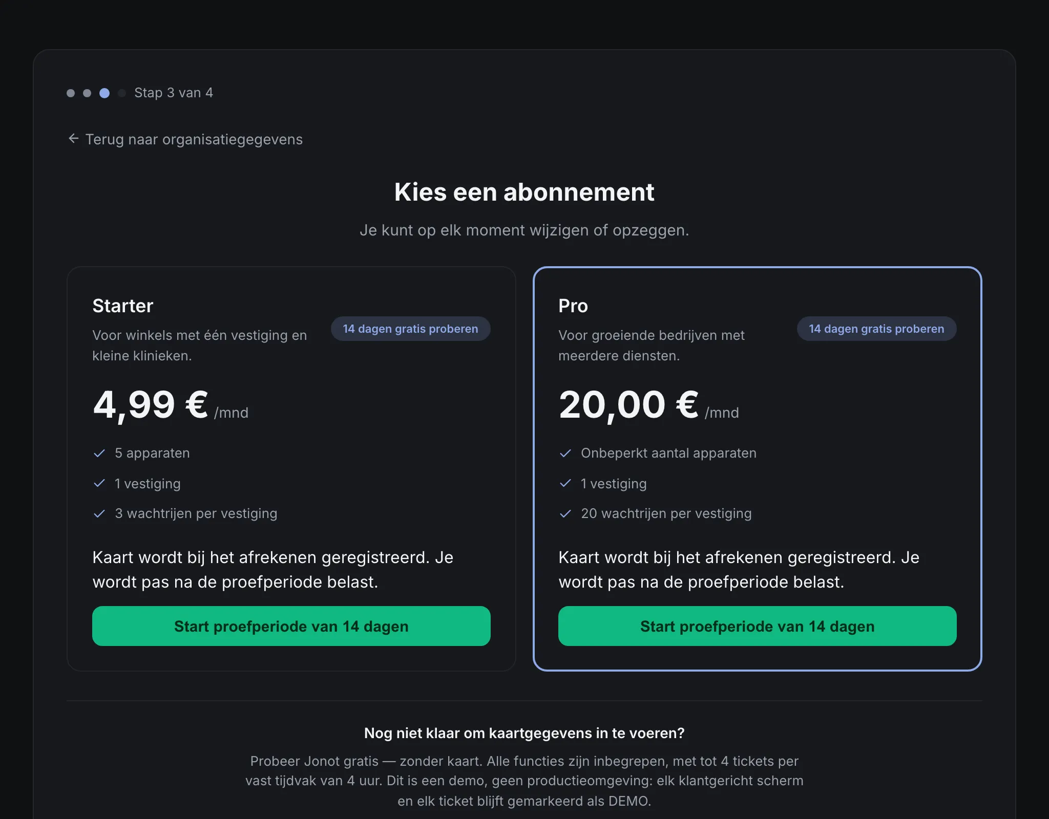 Aanmeldwizard van Jonot — stap voor abonnementskeuze