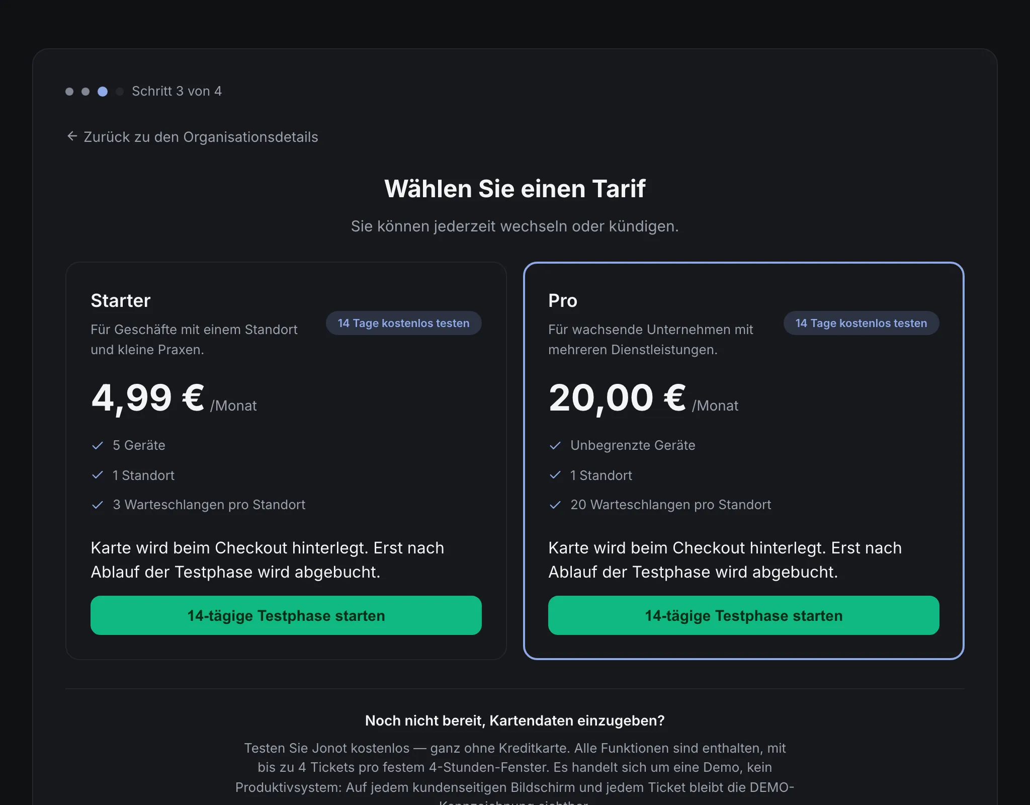 Jonot-Registrierungsassistent — Schritt zur Tarifauswahl