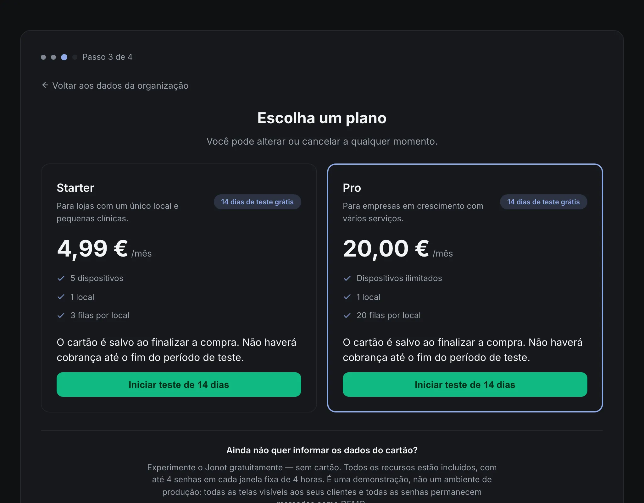 Assistente de registro do Jonot — passo de escolha do plano