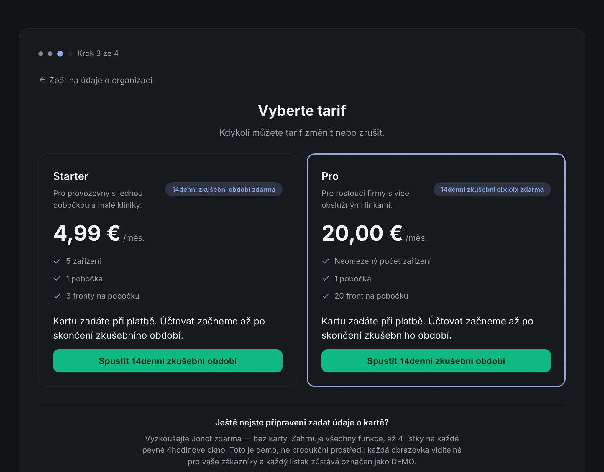 Průvodce registrací Jonot — krok výběru tarifu