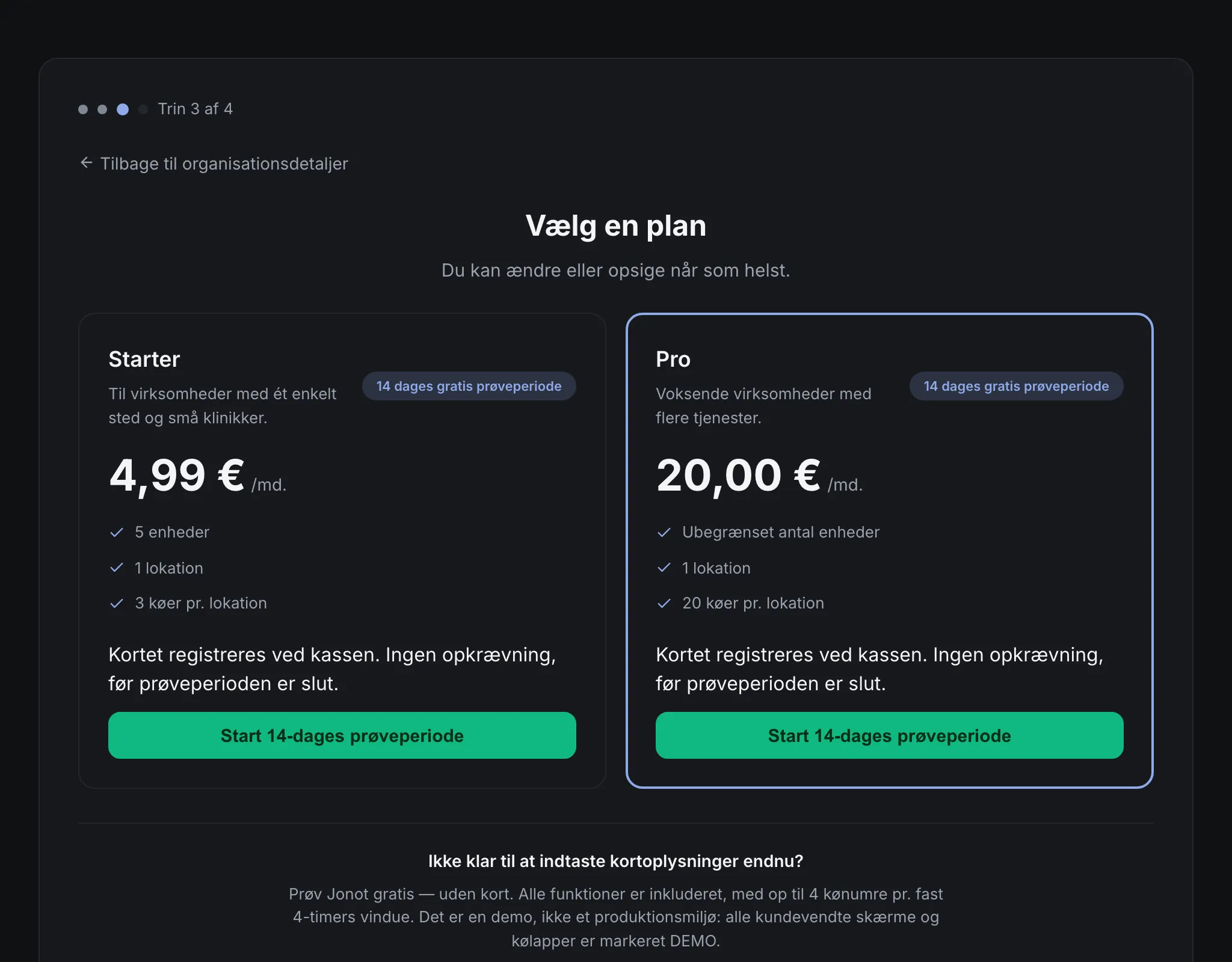 Jonots registreringsguide — trinnet til valg af plan