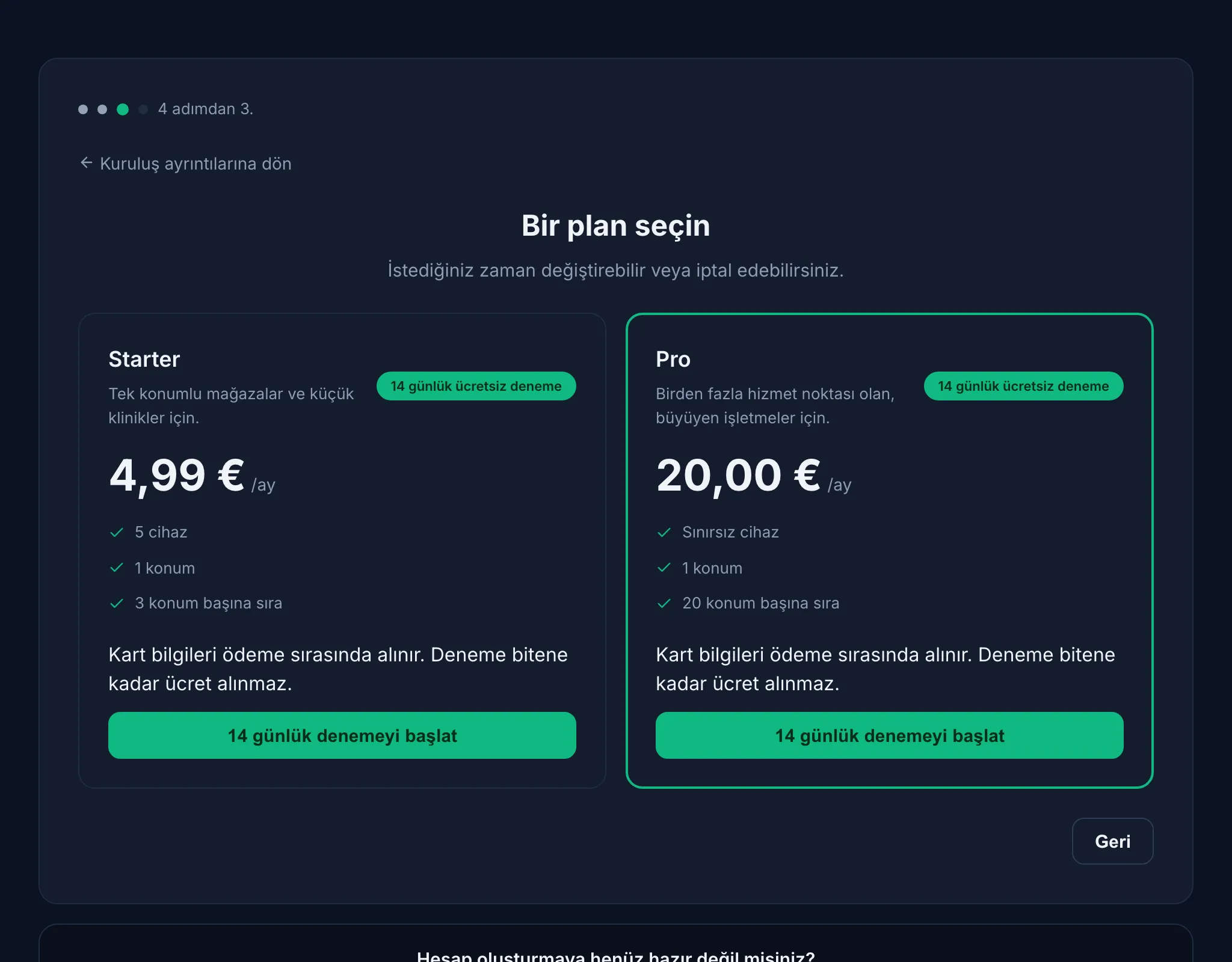 Jonot kayıt sihirbazı — plan seçimi adımı