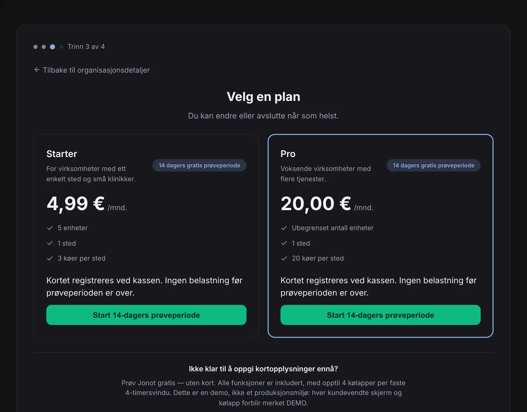 Jonot-registreringsveiviser — trinnet for planvalg